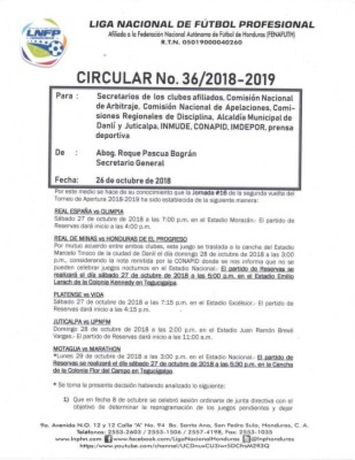 OFICIAL: Motagua vs Marathón se jugará el lunes 29 de octubre a las 3:00 de la tarde