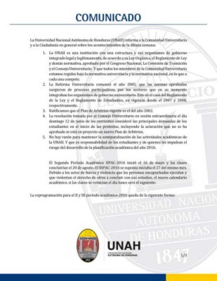 UNAH reprograma clases de este periodo académico