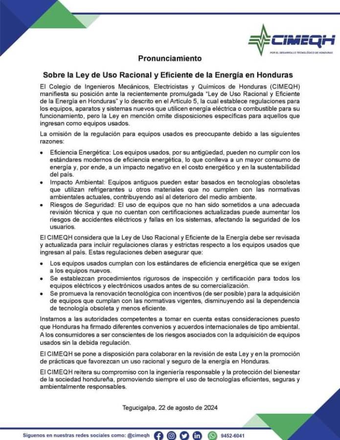 Al ser signatario de convenios y acuerdos internacionales en materia ambiental, en el pronunciamiento del CIMEQH se instó a las autoridades competentes a considerar las sugerencias planteadas.