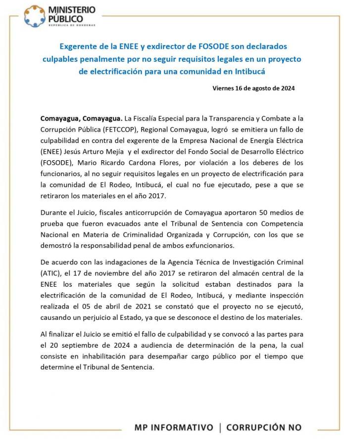 Declaran culpable al exgerente de la ENEE por violación a los deberes de funcionarios