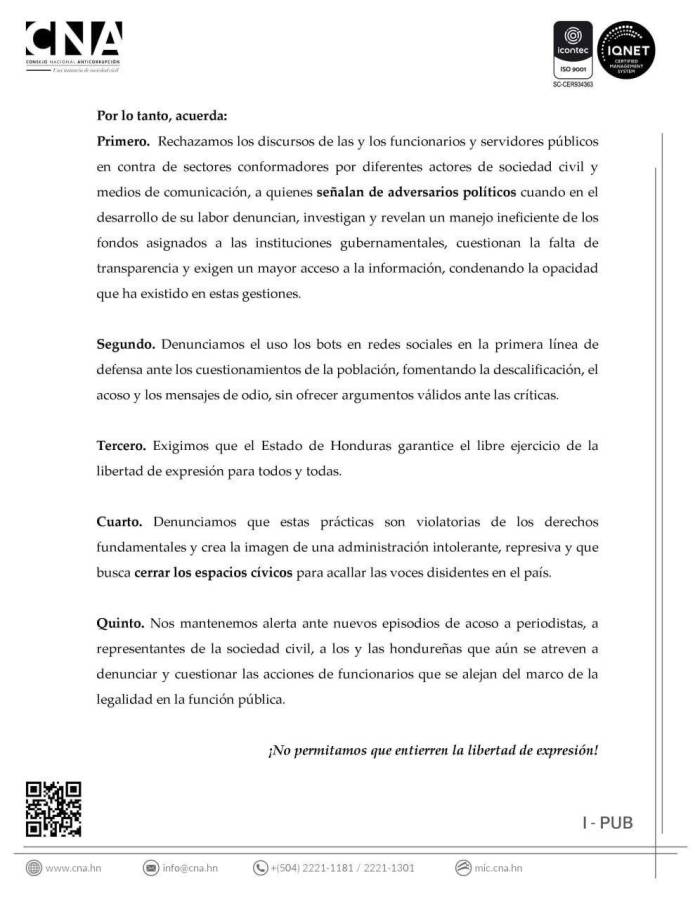 CNA publica acuerdo de duelo por “entierro de la libertad de expresión”