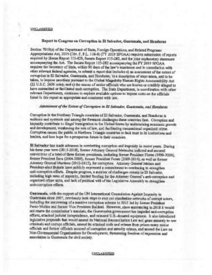 Informe del Departamento de Estado de EEUU sobre corrupción en Triángulo Norte