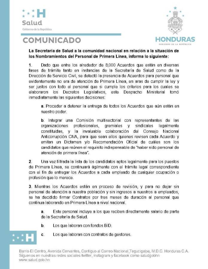 Comunicado de la Secretaría de Salud.