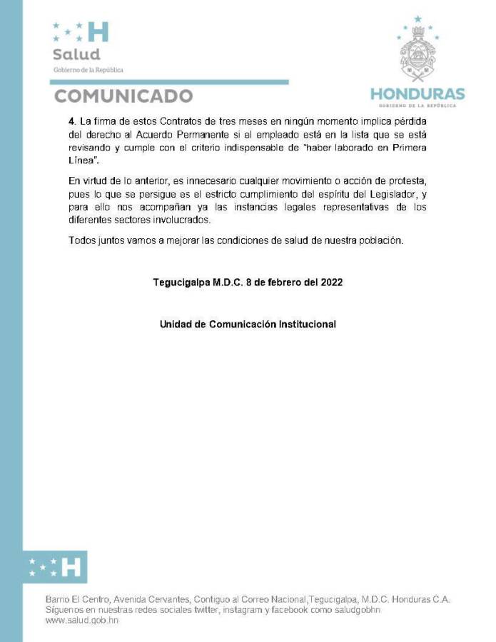 Salud frena entrega de acuerdos permanentes hasta revisar cada caso de personal de primera línea