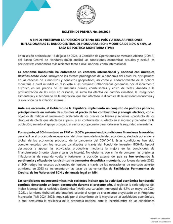 El BCH aumenta de 3% a 4% la Tasa de Política Monetaria