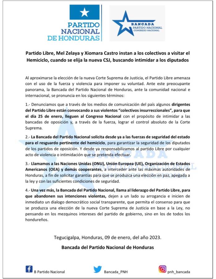 Bancada del Partido Nacional presagia actos violentos en la elección de la CSJ y solicita seguridad para sus diputados