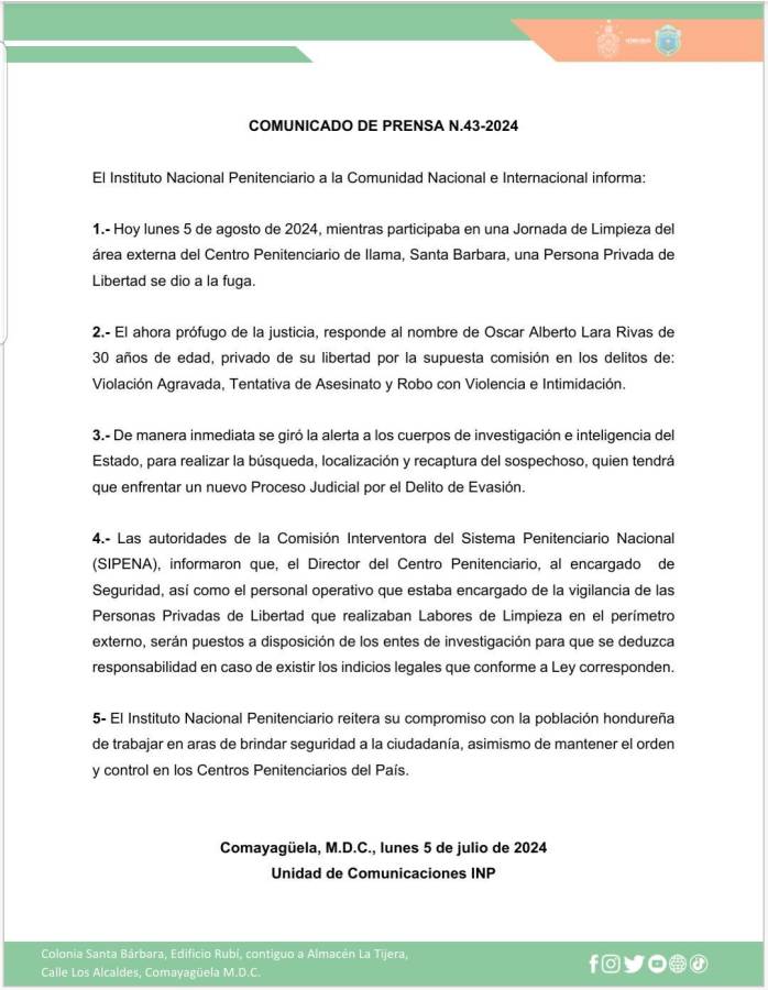 INP confirma fuga de reo en “El Pozo” mientras realizaba trabajos de limpieza