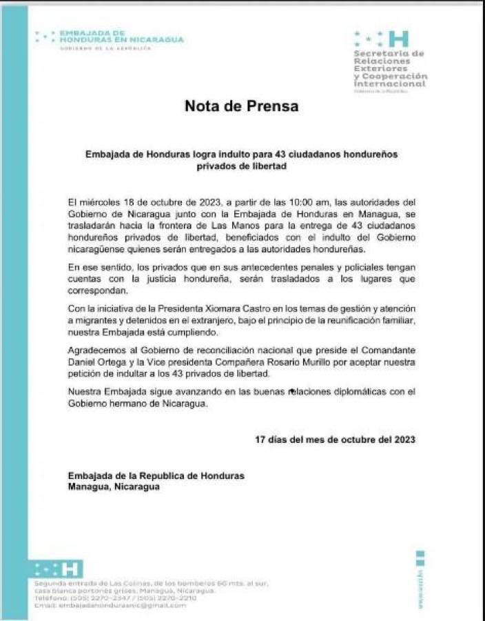 Daniel Ortega indulta a 43 hondureños detenidos en Nicaragua