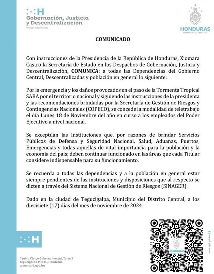 Implementan teletrabajo para empleados del gobierno por secuelas de tormenta Sara