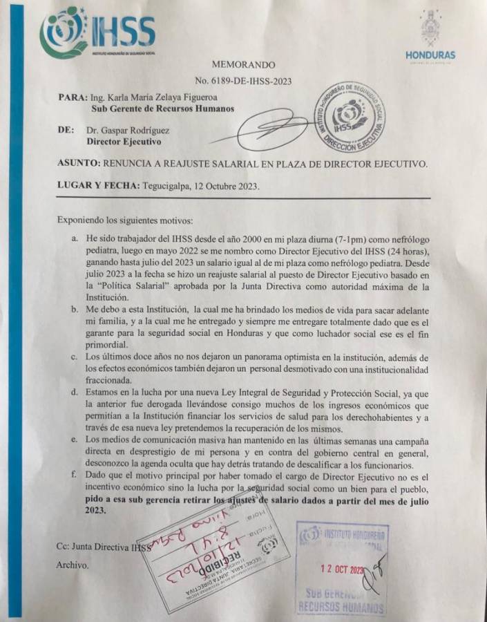 Director del IHSS, Gaspar Rodríguez, renuncia al reajuste salarial de 64 mil lempiras