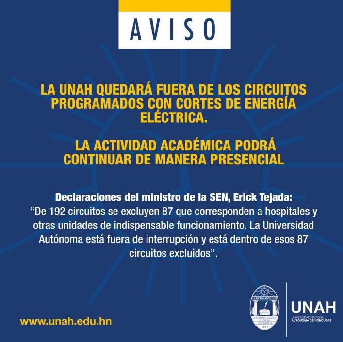 UNAH queda fuera de racionamientos de energía eléctrica; retomarán clases presenciales