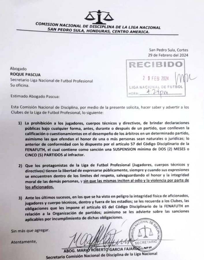 Comisión de Disciplina lanza advertencia a técnicos, jugadores y dirigidentes