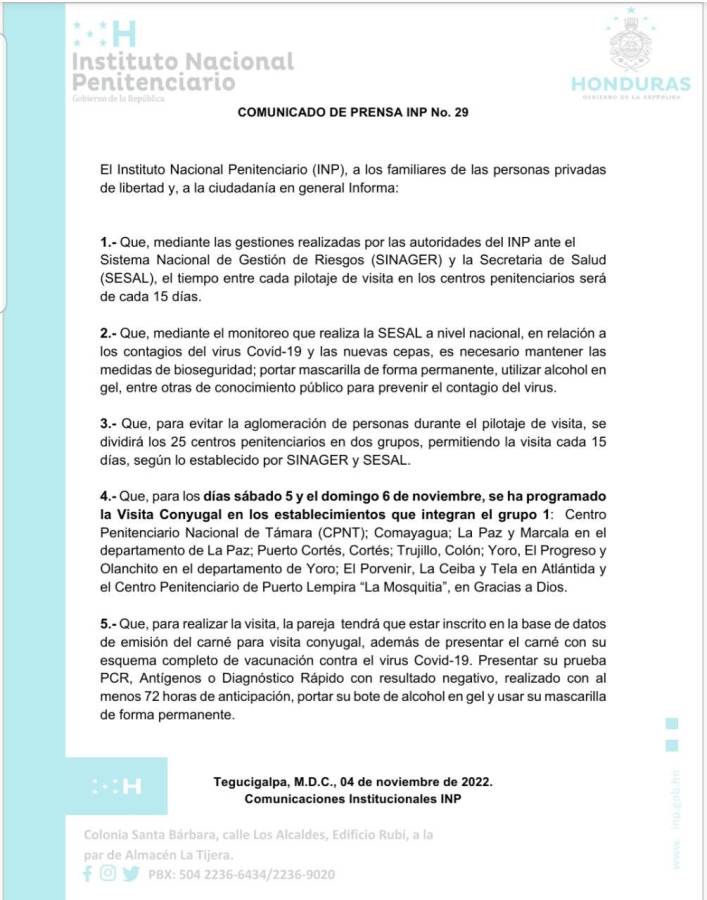 Autorizan visitas conyugales en los centros penales de Honduras