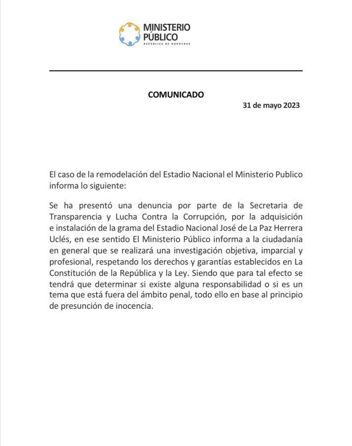 MP confirma investigación por supuesta sobrevaloración de grama híbrida en el Estadio “Chelato Uclés”