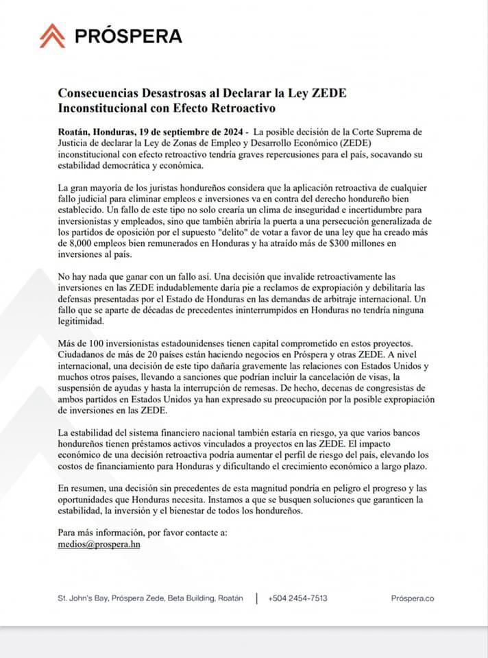 Próspera advierte si se declaran inconstitucionales las ZEDE : “Dañaría las relaciones con EUA”