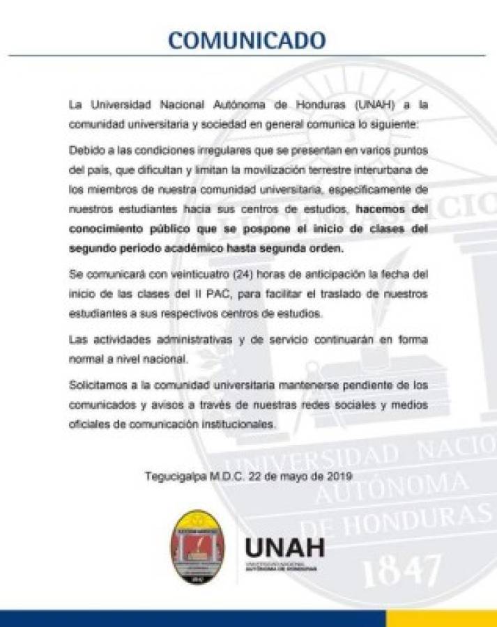 UNAH pospone inicio de clases del segundo período académico a nivel nacional