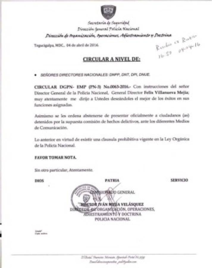 La circular emitida por la Policía Nacional donde se ordena no exhibir a detenidos.