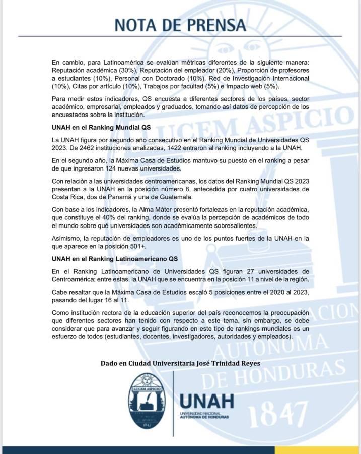 Comunicado de la UNAH.