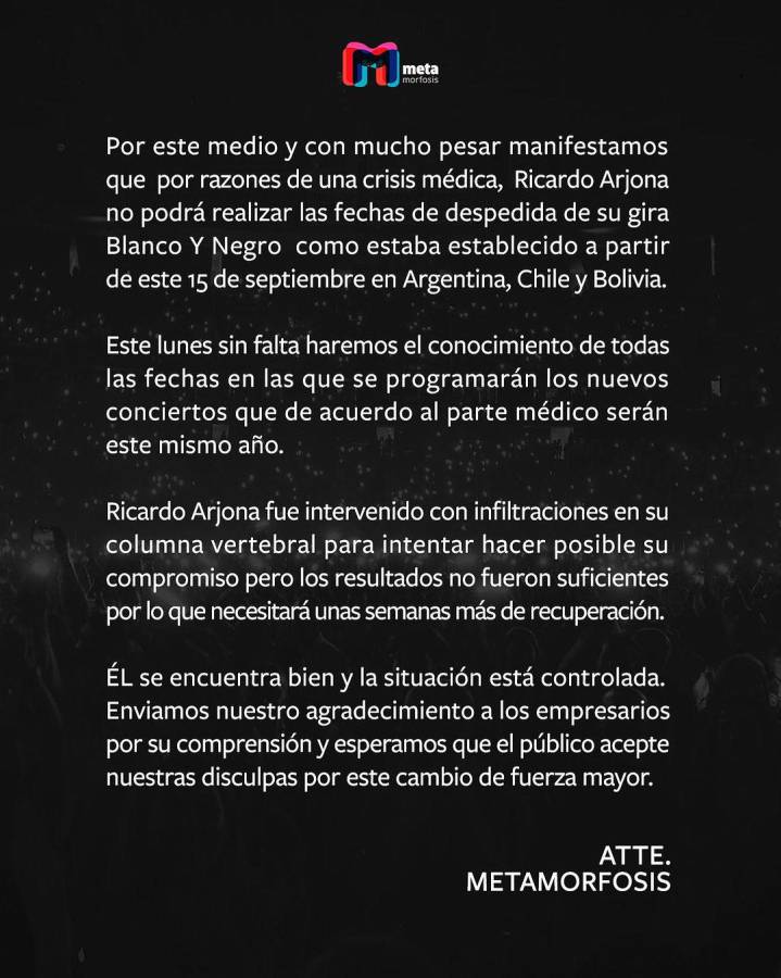 El comunicado de Metamorfosis sobre la salud de Ricardo Arjona.