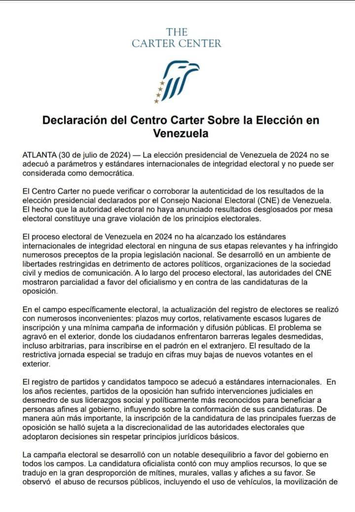 Centro Carter: “Elecciones de Venezuela no pueden ser consideradas democráticas”