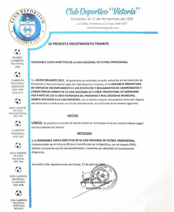 ¿Por qué el Victoria decidió retirar la demanda en donde perdían puntos Real Sociedad y Honduras Progreso?