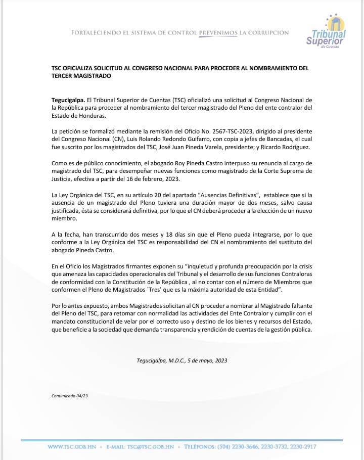 TSC oficializa solicitud para que el Congreso Nacional nombre tercer magistrado