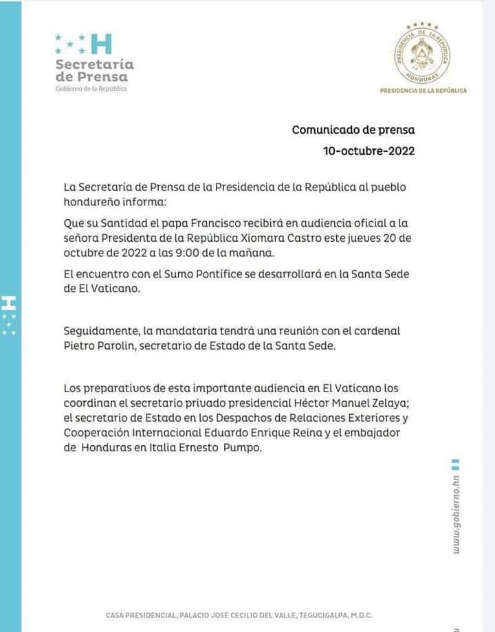 El papa Francisco recibirá a Xiomara Castro en El Vaticano el 20 de octubre