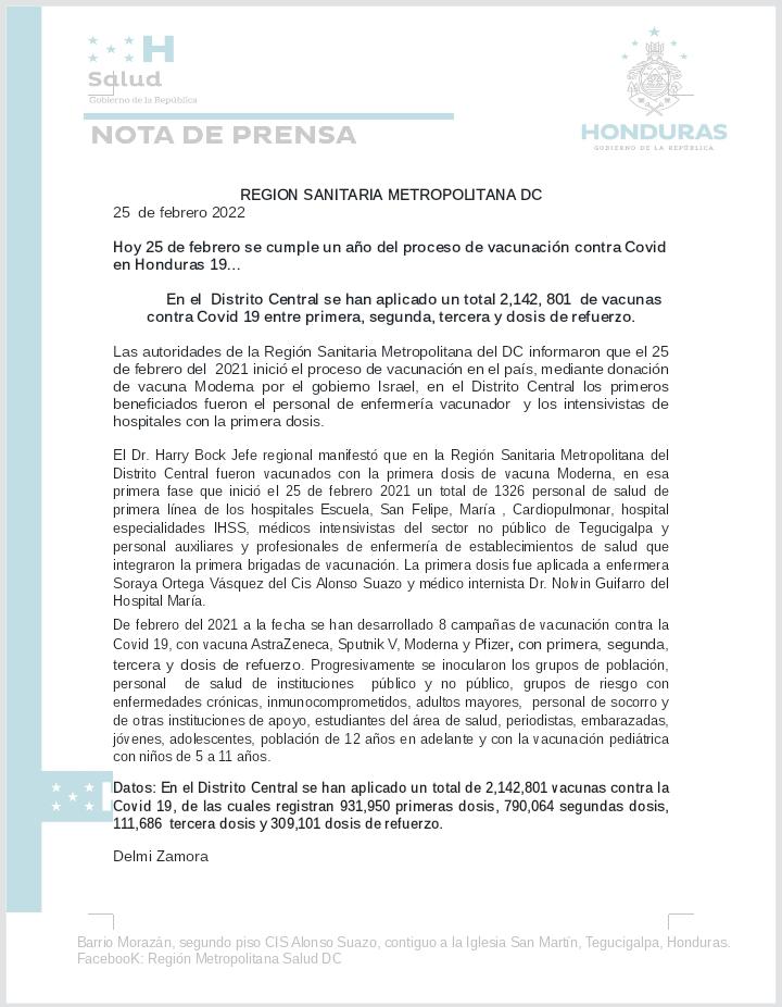 ¿Cuántos hondureños están inmunizados a un año del inicio de vacunación?