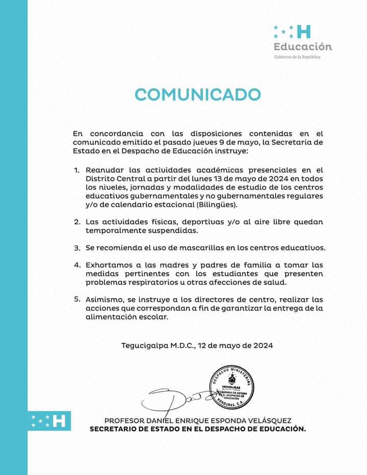 Comunicado de la Secretaría de Educación.