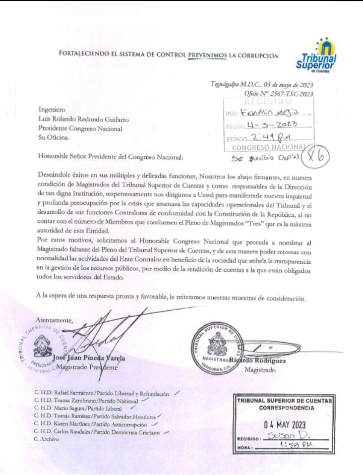 TSC oficializa solicitud para que el Congreso Nacional nombre tercer magistrado