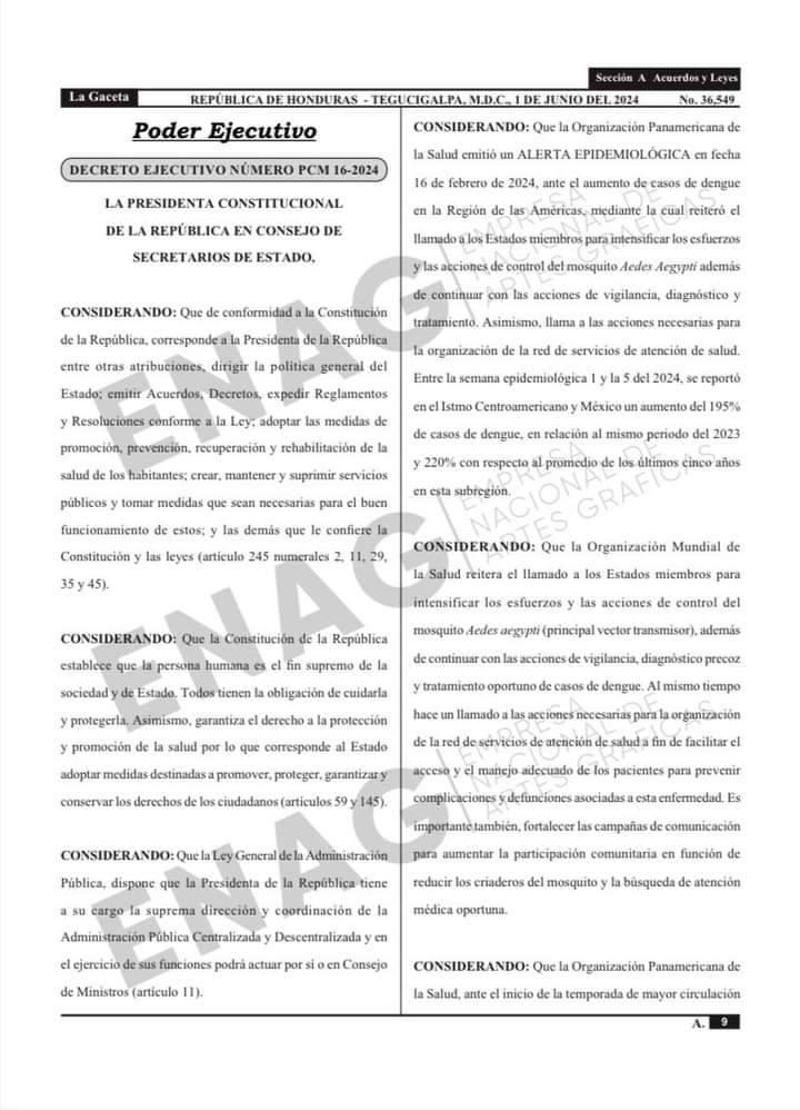 Publican en La Gaceta decreto que declara emergencia por aumento de casos de dengue en Honduras