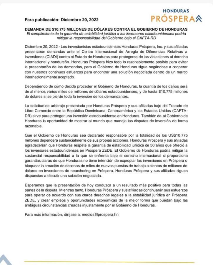 ZEDE Próspera demanda por 10,775 millones de dólares a Honduras