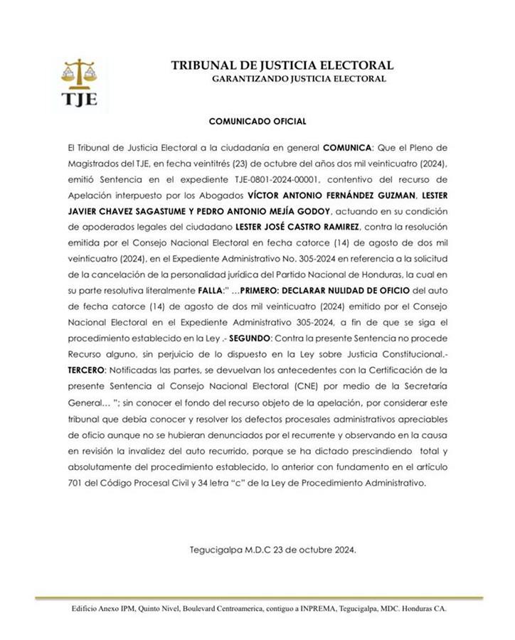 Tribunal de Justicia Electoral anula resolución del CNE sobre el Partido Nacional