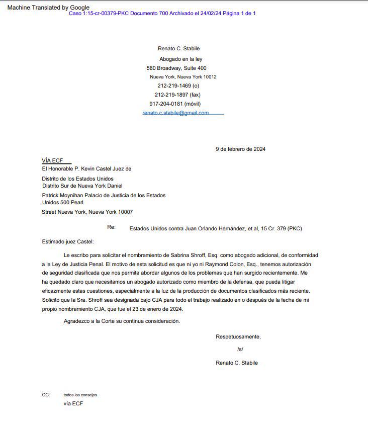 $!El documento dirigido hacia el juez Kevin Castel.