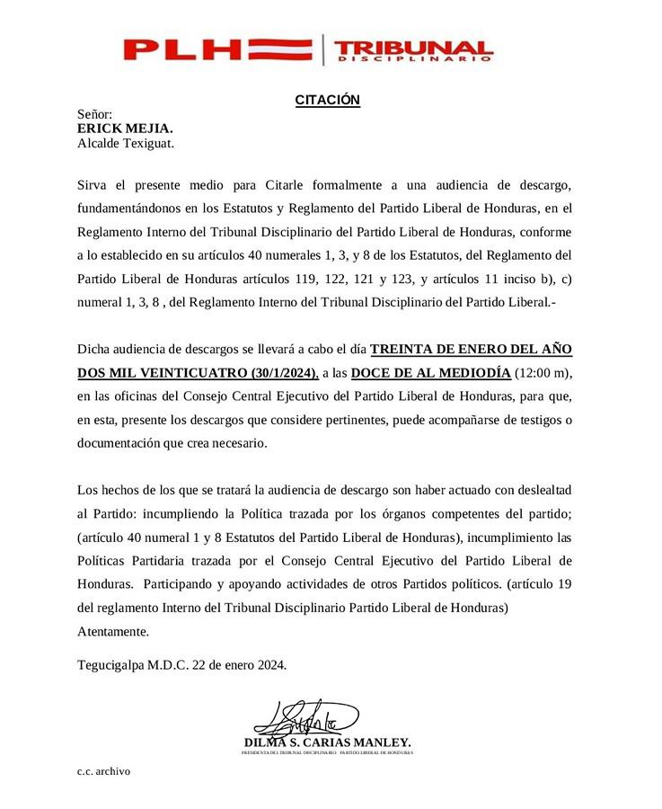 Citan a audiencia de descargo a alcalde de Texiguat por apoyar campaña de Rixi Moncada