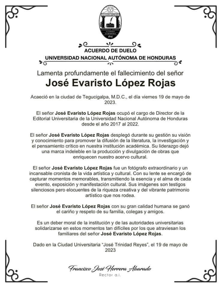 Muere José Evaristo López Rojas, reconocido fotógrafo y cronista de la vida artística de Honduras