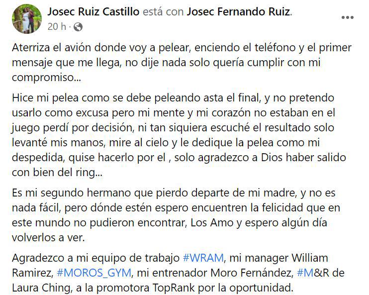 “Escorpión” Ruiz sufrió la pérdida de su hermano antes de pelear contra Miguel Contreras