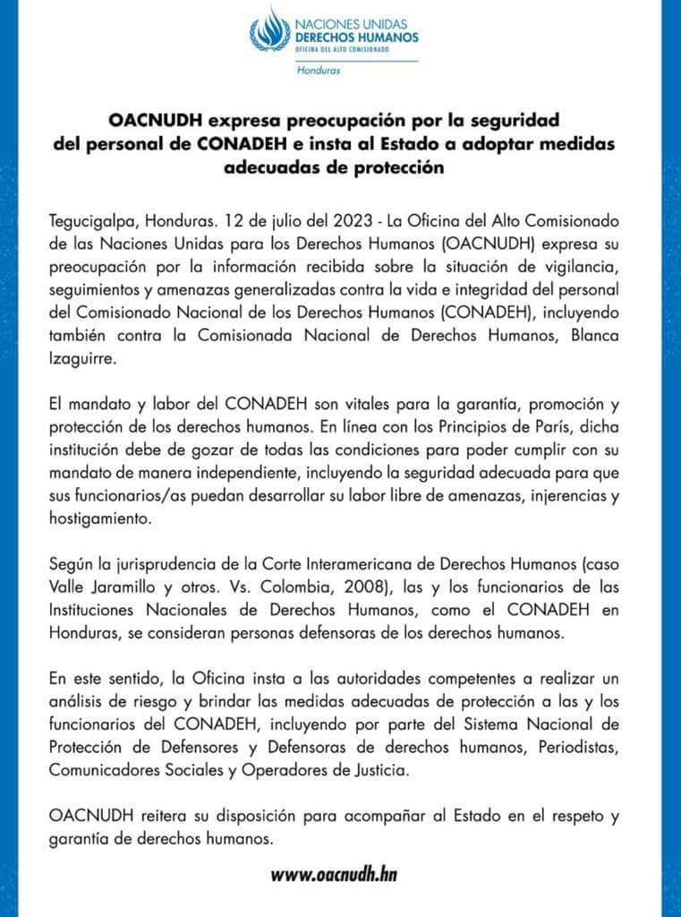 OACNUDH insta al estado de Honduras a proteger al personal de Conadeh