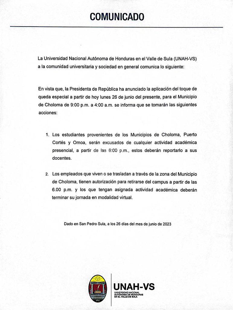 UNAH-VS anuncia medidas para sus estudiantes y empleados ante toque de queda