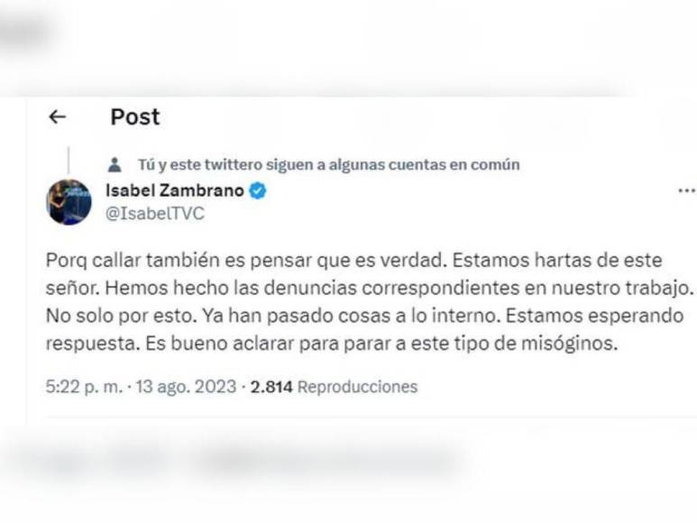 “Nos toca aguantarlo en el trabajo”: Isabel Zambrano explota contra Orlando Ponce y lo tilda de “misógino”