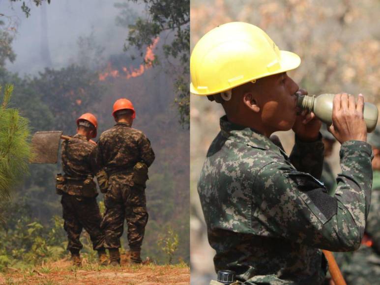 Cansados y sofocados: militares y bomberos trabajan sin cesar para apagar incendio en La Tigra