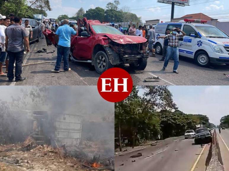 Destrozos e incendio: Las imágenes del múltiple accidente en peaje de Yojoa