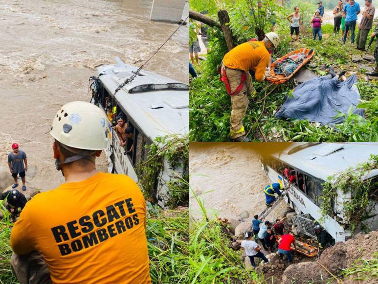 Así fue el rescate de los migrantes atrapados en bus que cayó a un río en Copán