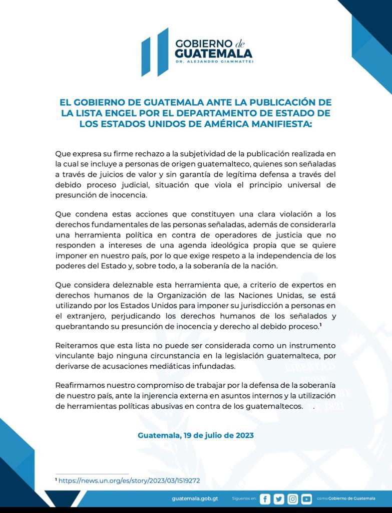 Gobierno de Guatemala rechaza Lista Engel 2023 por violación de derechos