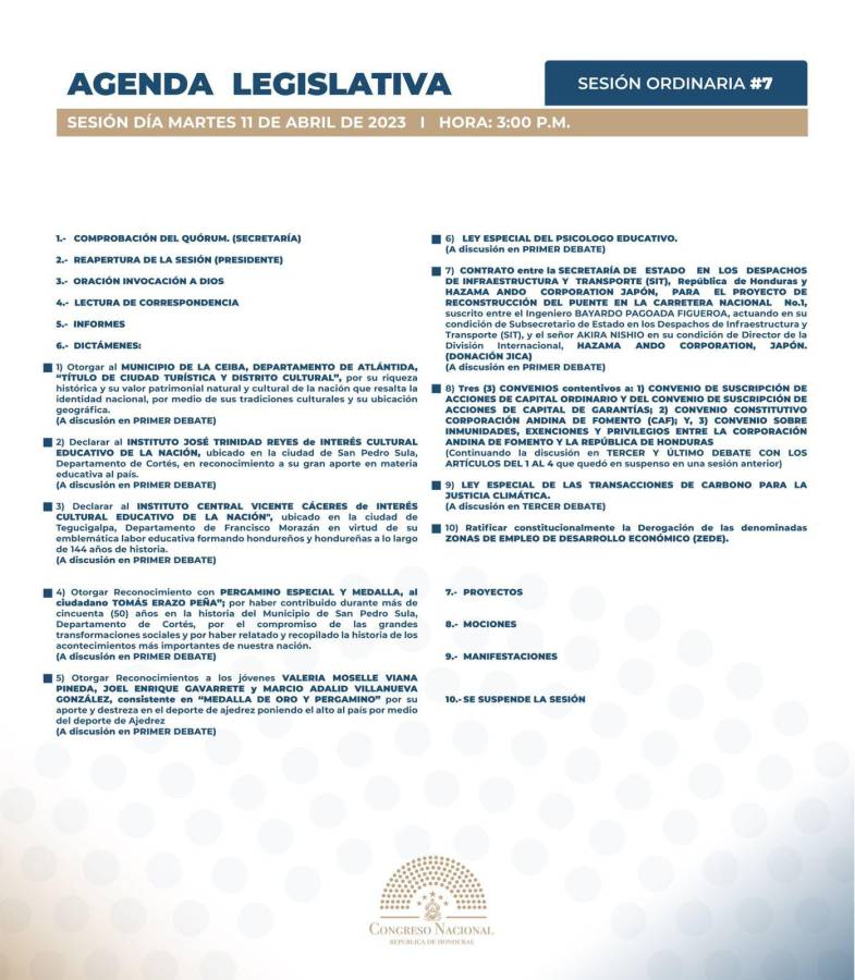 Agenda legislativa correspondiente a este martes 11 de abril.