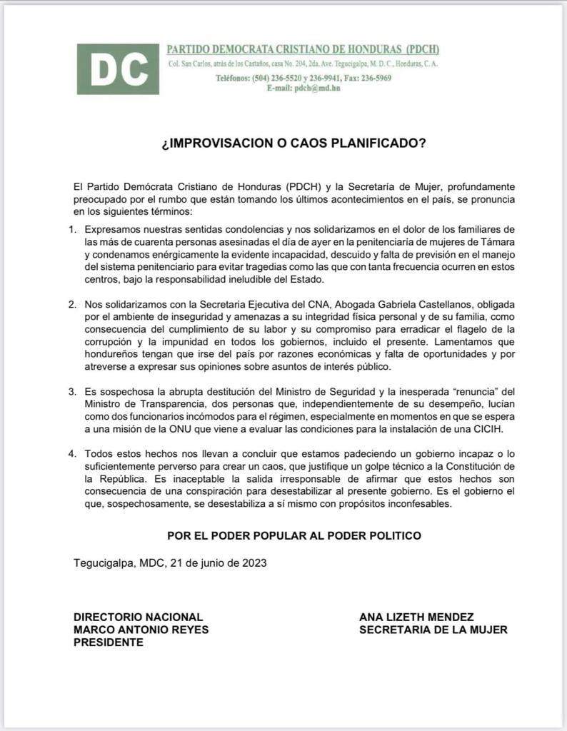 “Estamos padeciendo un gobierno incapaz o perverso”, cuestiona la Democracia Cristiana por últimos hechos en Honduras