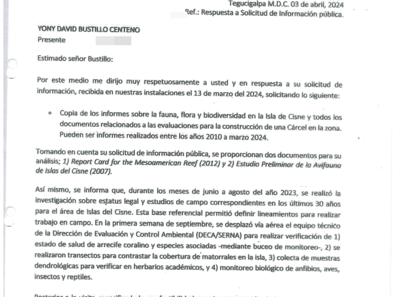 Esta es una de las respuestas que dio la Secretaría de Recursos Naturales luego de que el equipo periodístico de EL HERALDO interpusiera un recurso de revisión en el IAIP.