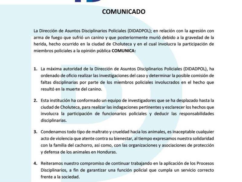 Este fue el comunicado que emitió la Didadpol sobre el policía que mató a un perro en Choluteca.