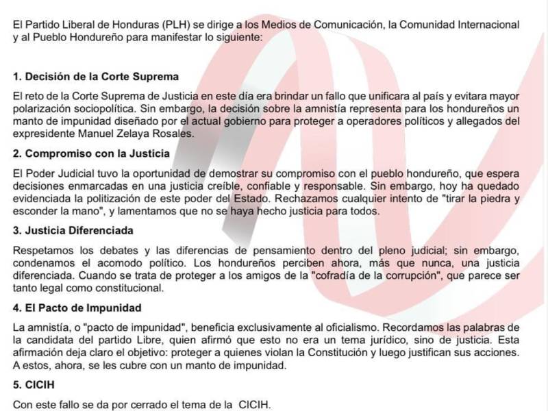 Partido Liberal asegura que tras declarar constitucional la amnistía queda cerrado el tema de la CICIH