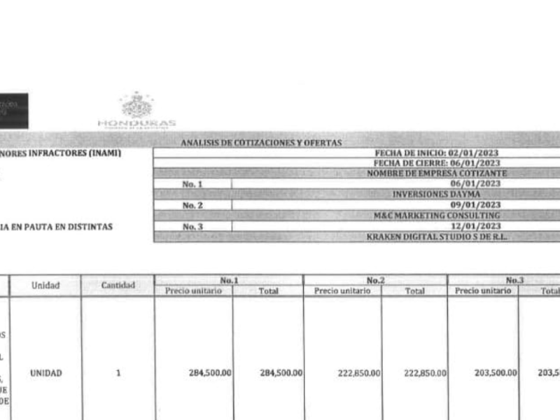 Empresa de los hijos de Sánchez resultó favorecida con un contrato por el orden de 234,035 lempiras.